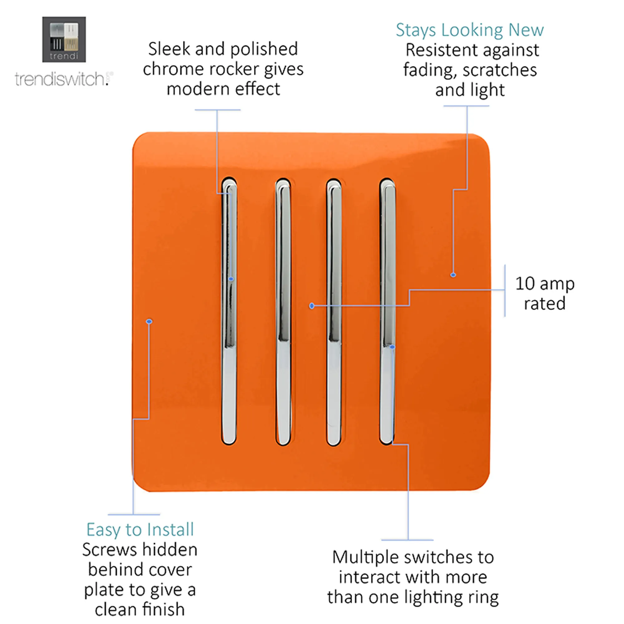 4 Gang 2 Way 10 Amp Rocker Orange ART-SS8OR  Trendi Orange